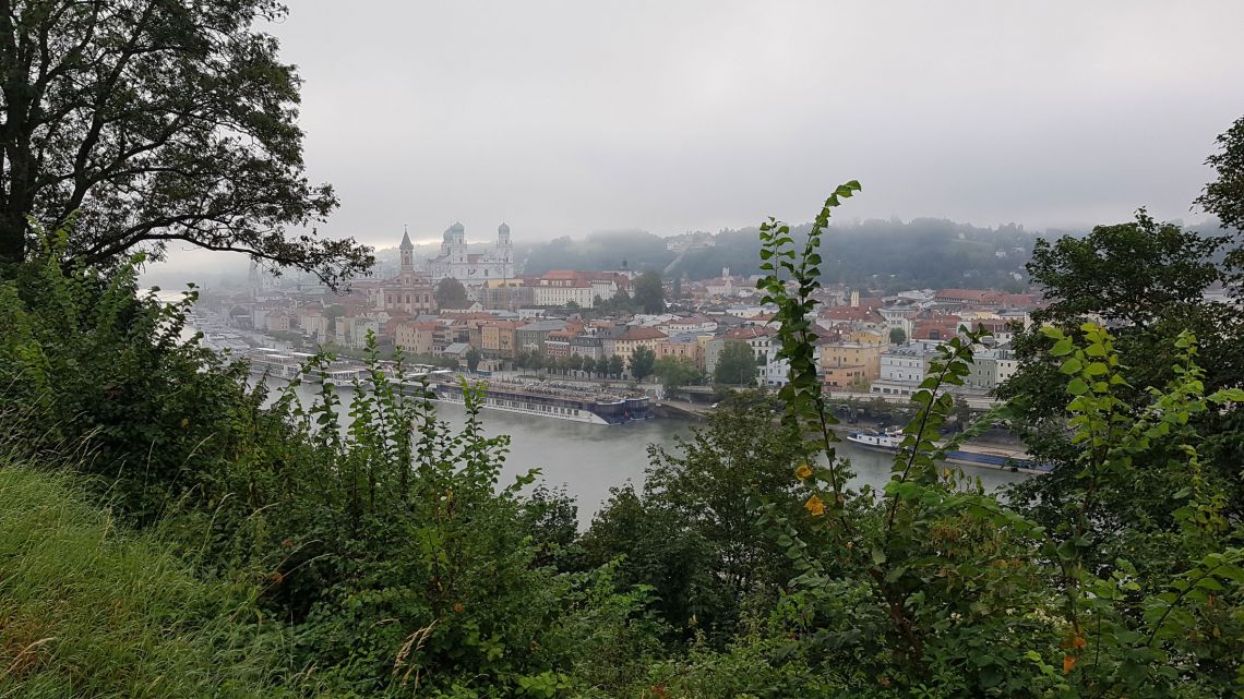 Blick auf Passau im Morgennebel